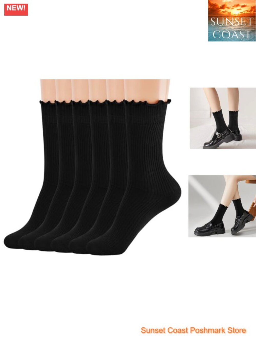 Ruffle Crew Socks Combed Cotton Turn Cuff Mid Calf Frilly Dress Casual